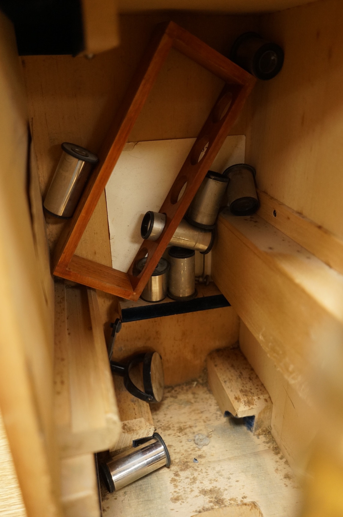 An early 20th century E. Leitz, Wetzlar, monocular microscope, in a cedar case, together with a number of alternative lenses and other accessories, case height 37.5cm.